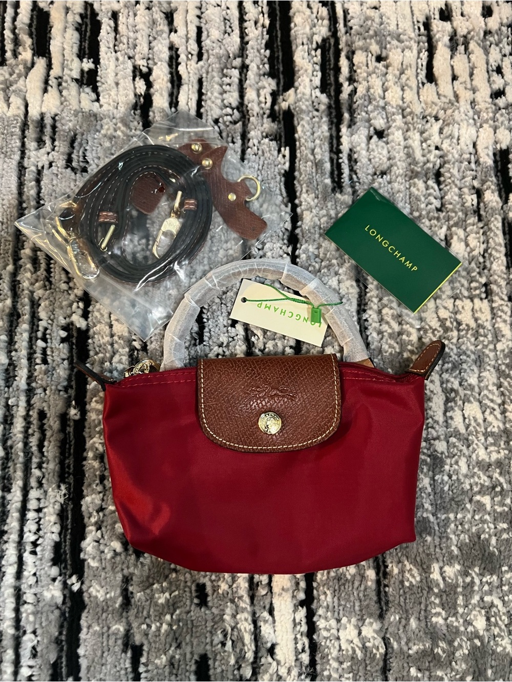 Longchamp Mini Top-Handle Bag in Burgundy with Brown Trim - Picture 2 of 5